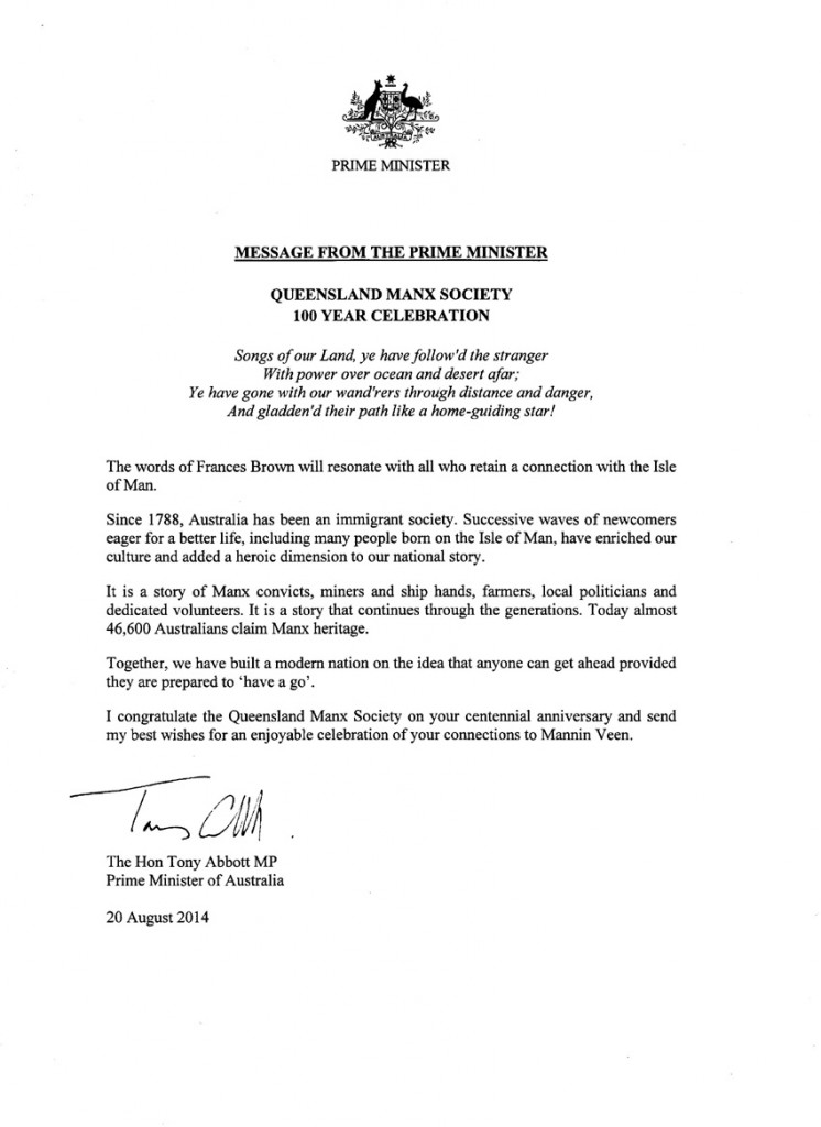 Letter from Prime Minister 2014 CENTENARY